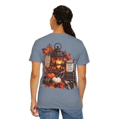 Autumn Lantern Pumpkin Stack T-Shirt | Fall Leaves Cozy Harvest Design
