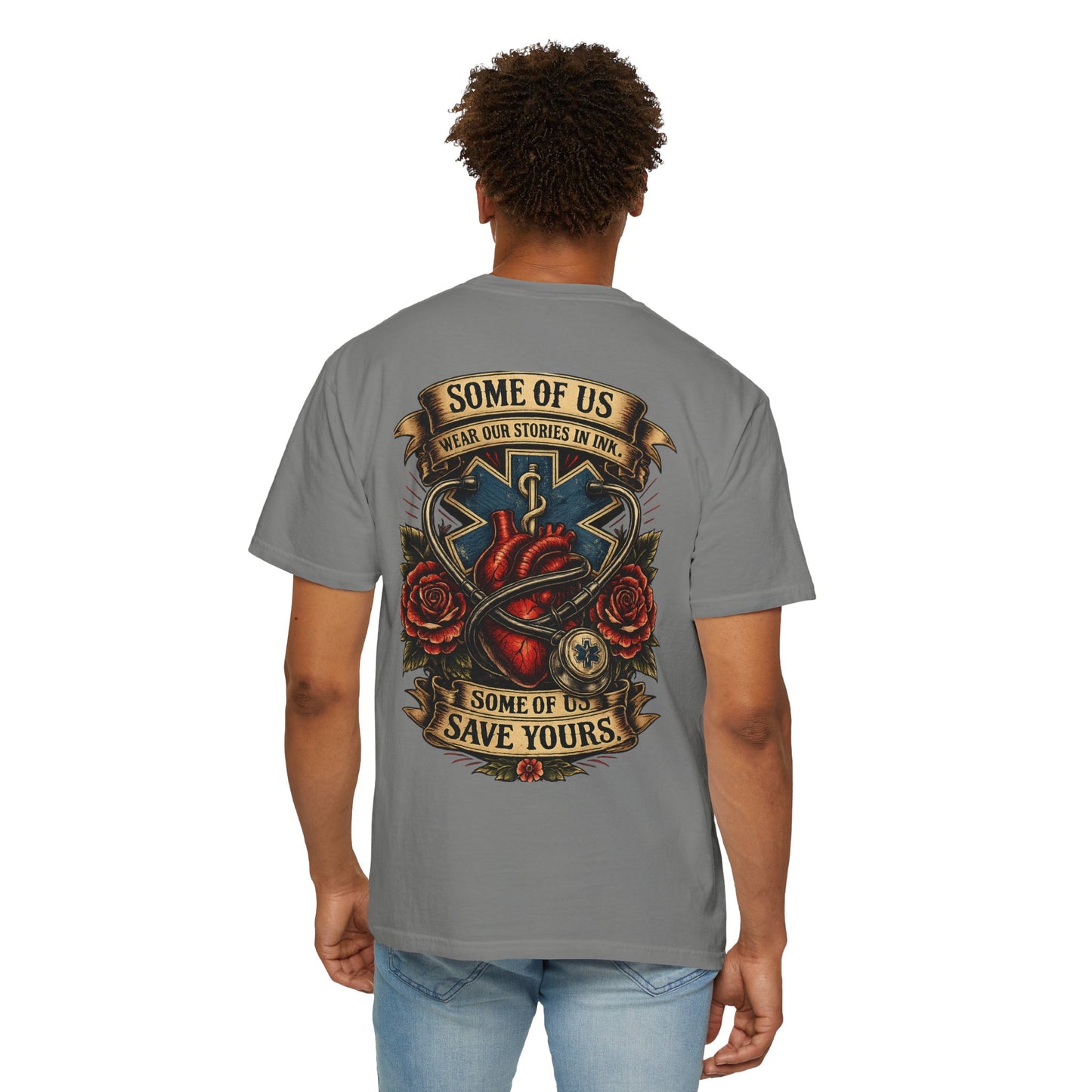 Paramedic Tattoo Heart T‑Shirt — "Some of Us Wear Our Stories in Ink, Some of Us Save Yours"