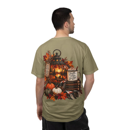Autumn Lantern Pumpkin Stack T-Shirt | Fall Leaves Cozy Harvest Design
