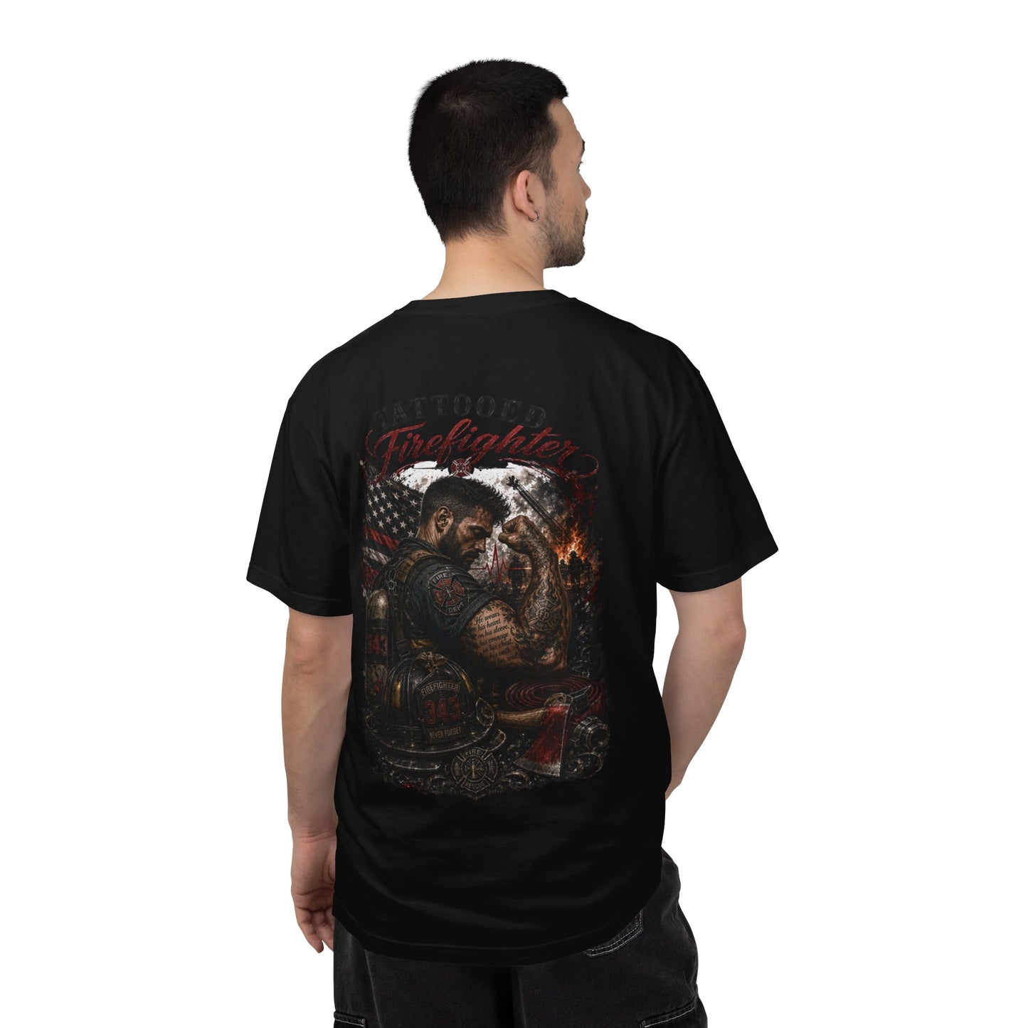 Firefighter Tribute T-Shirt — "343 Never Forget" Fire Rescue Back Design