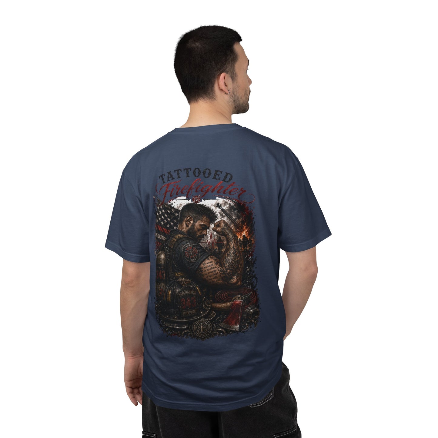 Firefighter Tribute T-Shirt — "343 Never Forget" Fire Rescue Back Design
