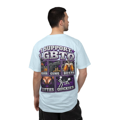 Support LGBTQ Liquor Guns Beers T-Shirt — Graphic Back Print