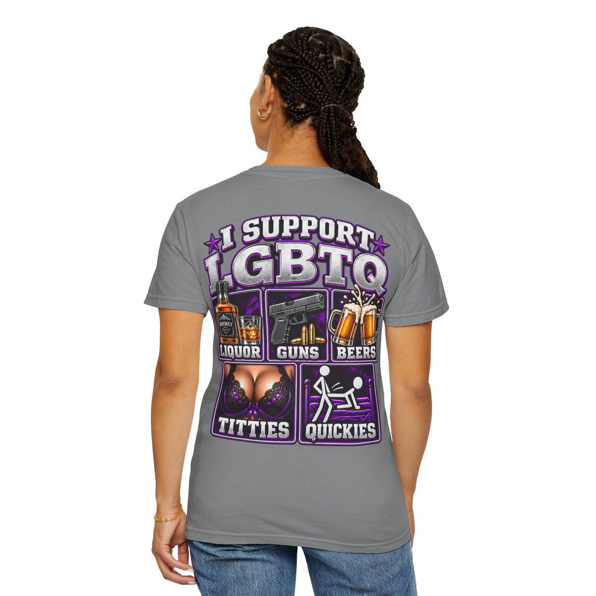 Support LGBTQ Liquor Guns Beers T-Shirt — Graphic Back Print