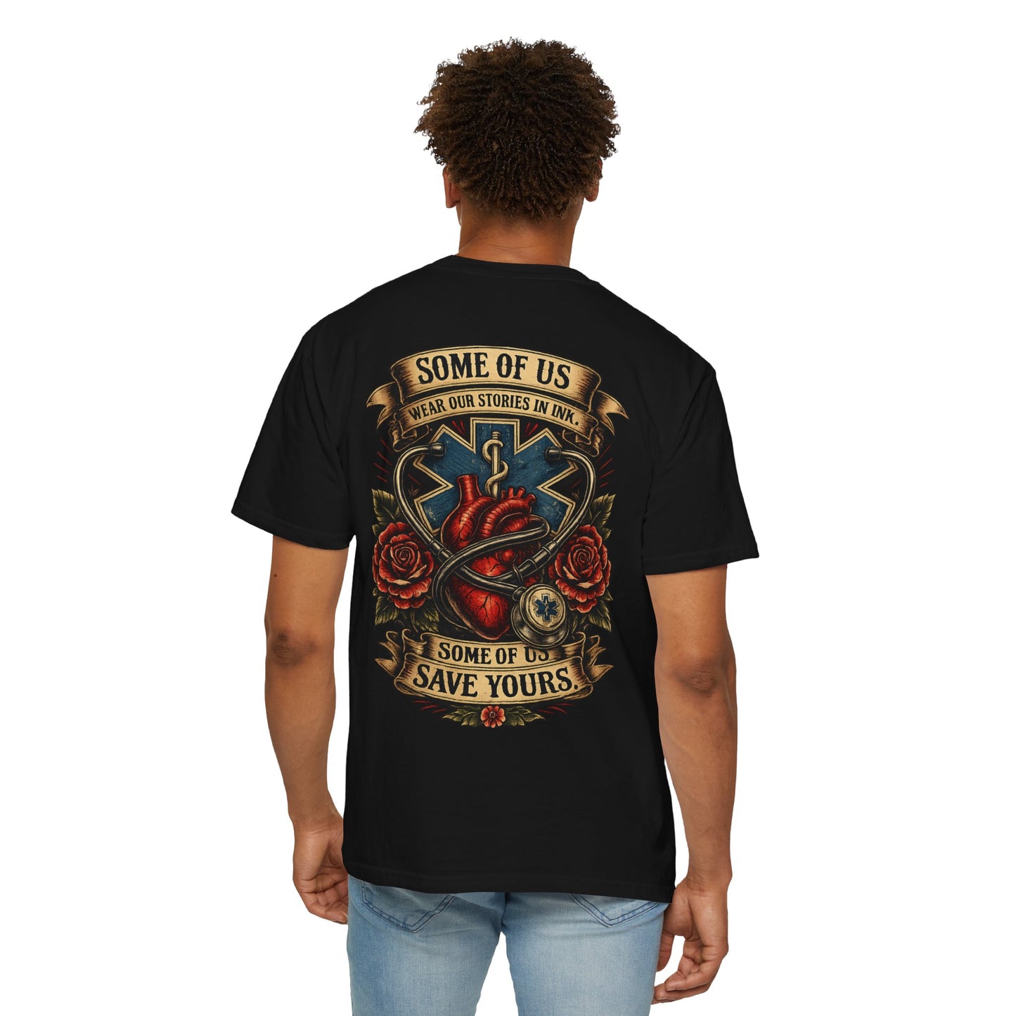 Paramedic Tattoo Heart T‑Shirt — "Some of Us Wear Our Stories in Ink, Some of Us Save Yours"
