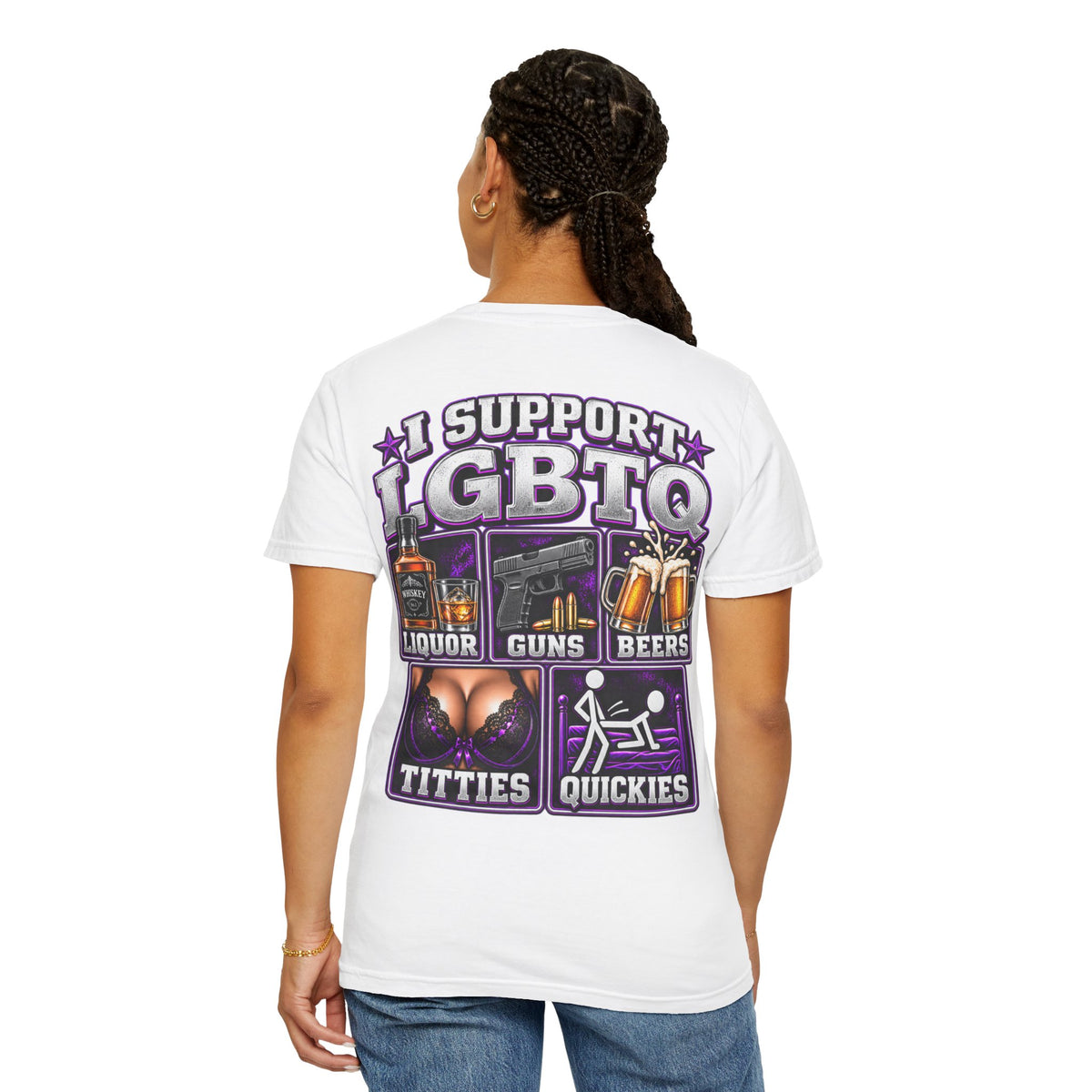 Support LGBTQ Liquor Guns Beers T-Shirt — Graphic Back Print