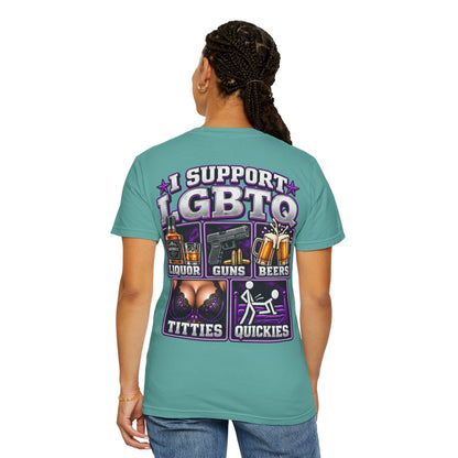Support LGBTQ Liquor Guns Beers T-Shirt — Graphic Back Print
