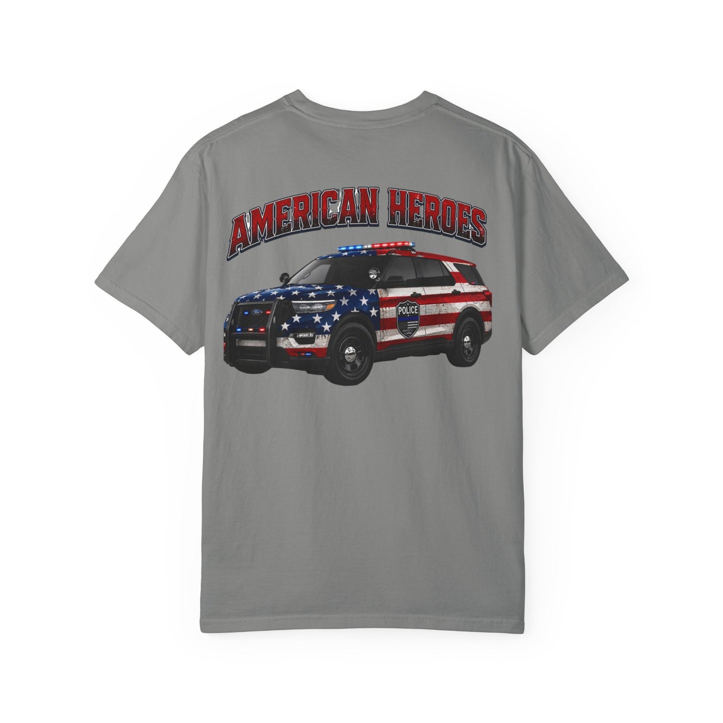 American Heroes Police SUV Tee — "AMERICAN HEROES" Patriotic Flag Graphic T-Shirt