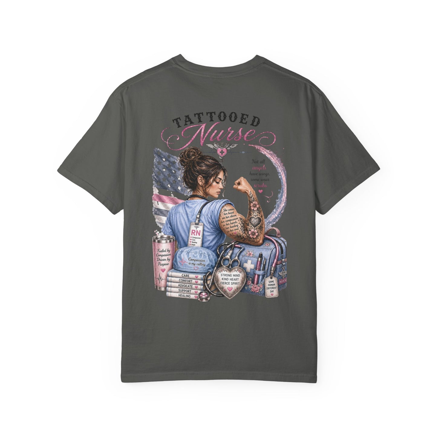 Tattooed Nurse T-Shirt — "She Wears Her Heart on Her Sleeve" RN Back Design