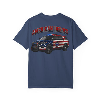 American Heroes Police SUV Tee — "AMERICAN HEROES" Patriotic Flag Graphic T-Shirt