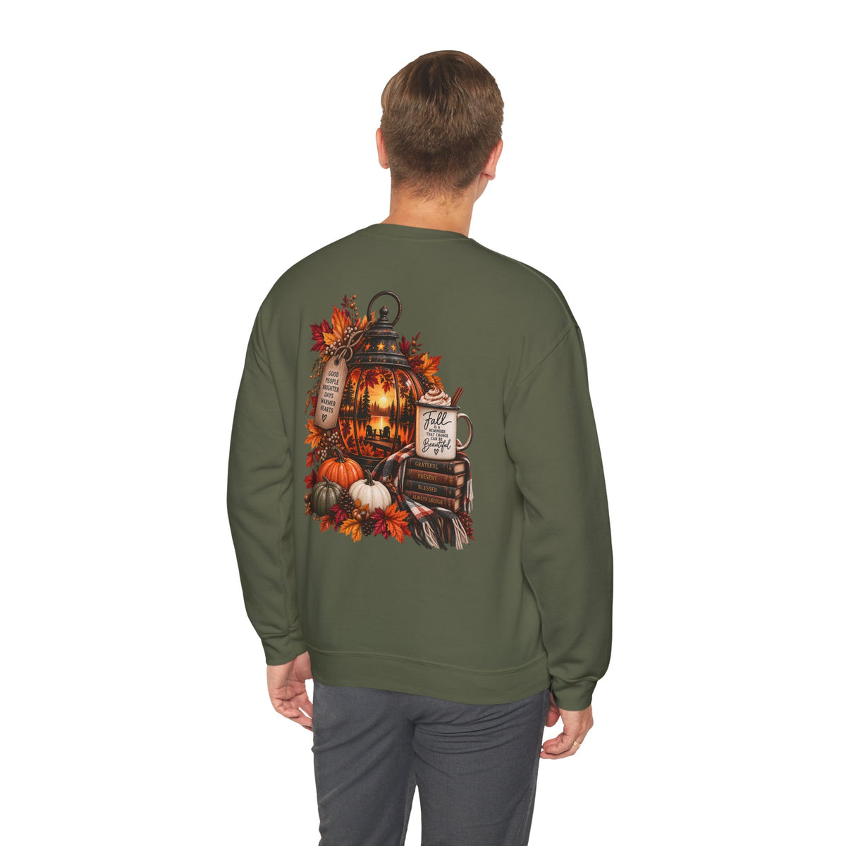Autumn Lantern Pumpkin Stack Sweatshirt | Cozy Fall Leaves Scene