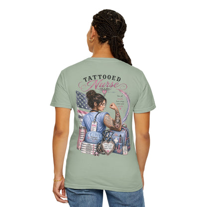 Tattooed Nurse T-Shirt — "She Wears Her Heart on Her Sleeve" RN Back Design