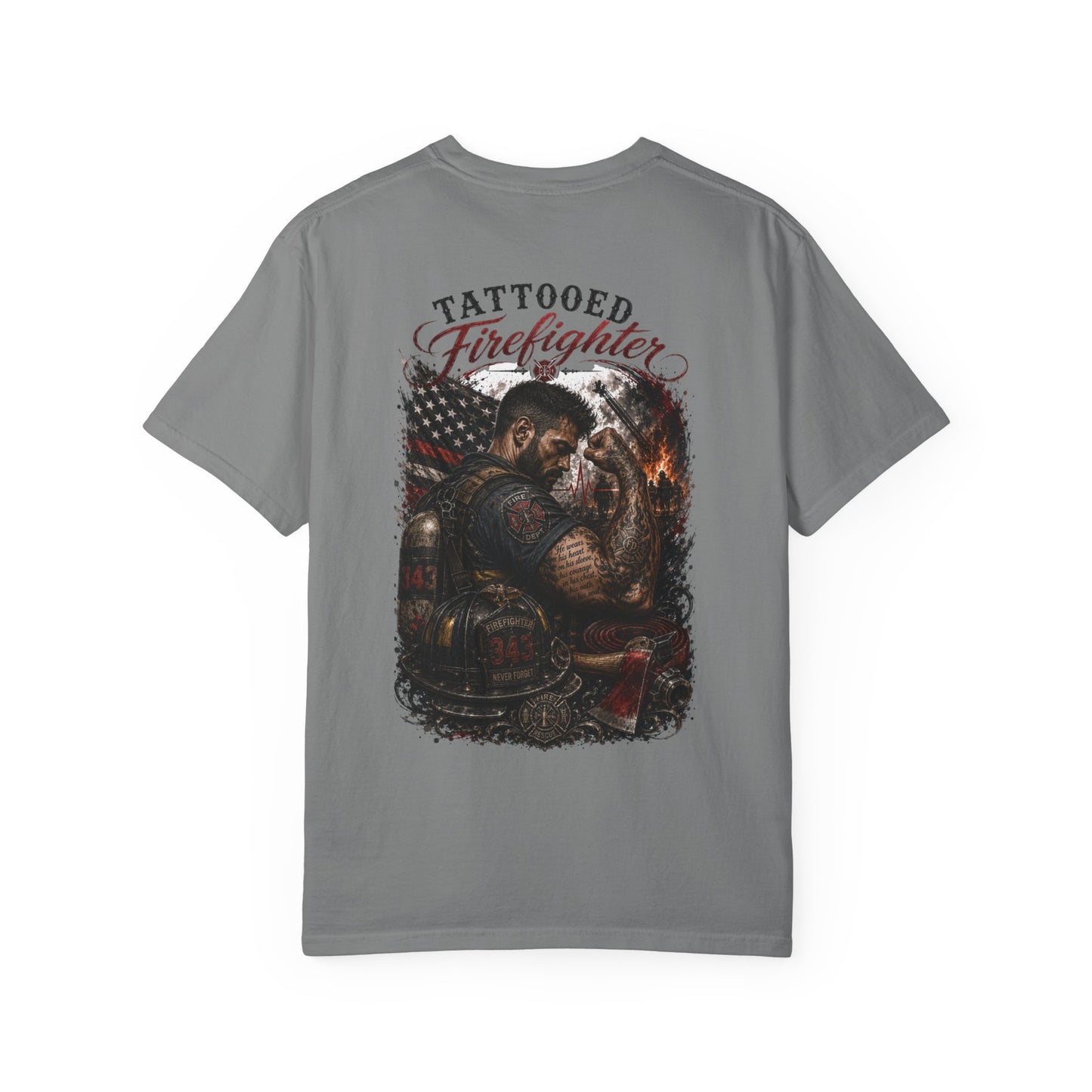 Firefighter Tribute T-Shirt — "343 Never Forget" Fire Rescue Back Design
