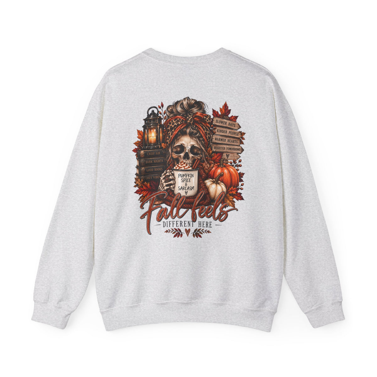 Fall Vibes Skull Coffee Mug Sweatshirt | Autumn Leaves Pumpkins Lantern