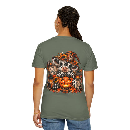 Cow Pumpkin Halloween Sweatshirt | Cow with Jack-O'-Lantern and Sunflowers