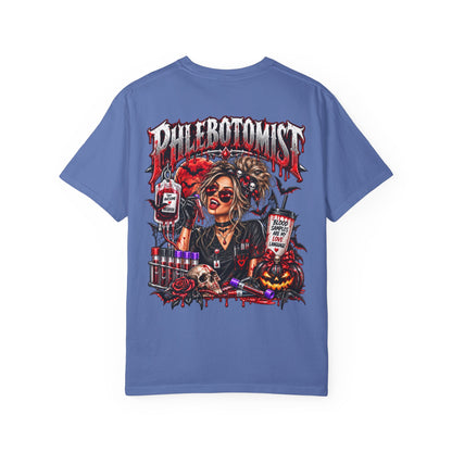 Phlebotomist Horror Blood Drip graphic T-shirt | Medical Tech Tee