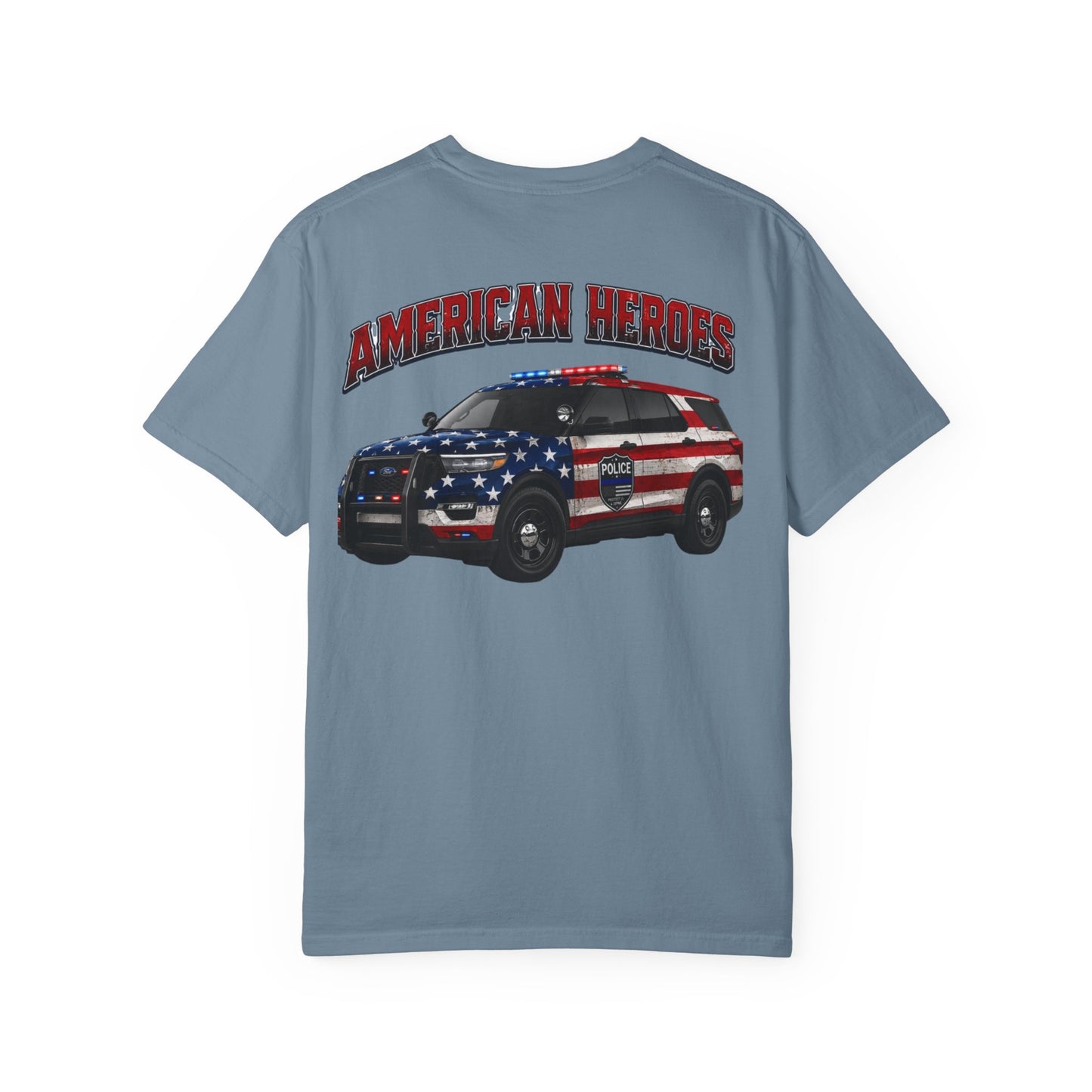 American Heroes Police SUV Tee — "AMERICAN HEROES" Patriotic Flag Graphic T-Shirt