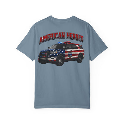 American Heroes Police SUV Tee — "AMERICAN HEROES" Patriotic Flag Graphic T-Shirt