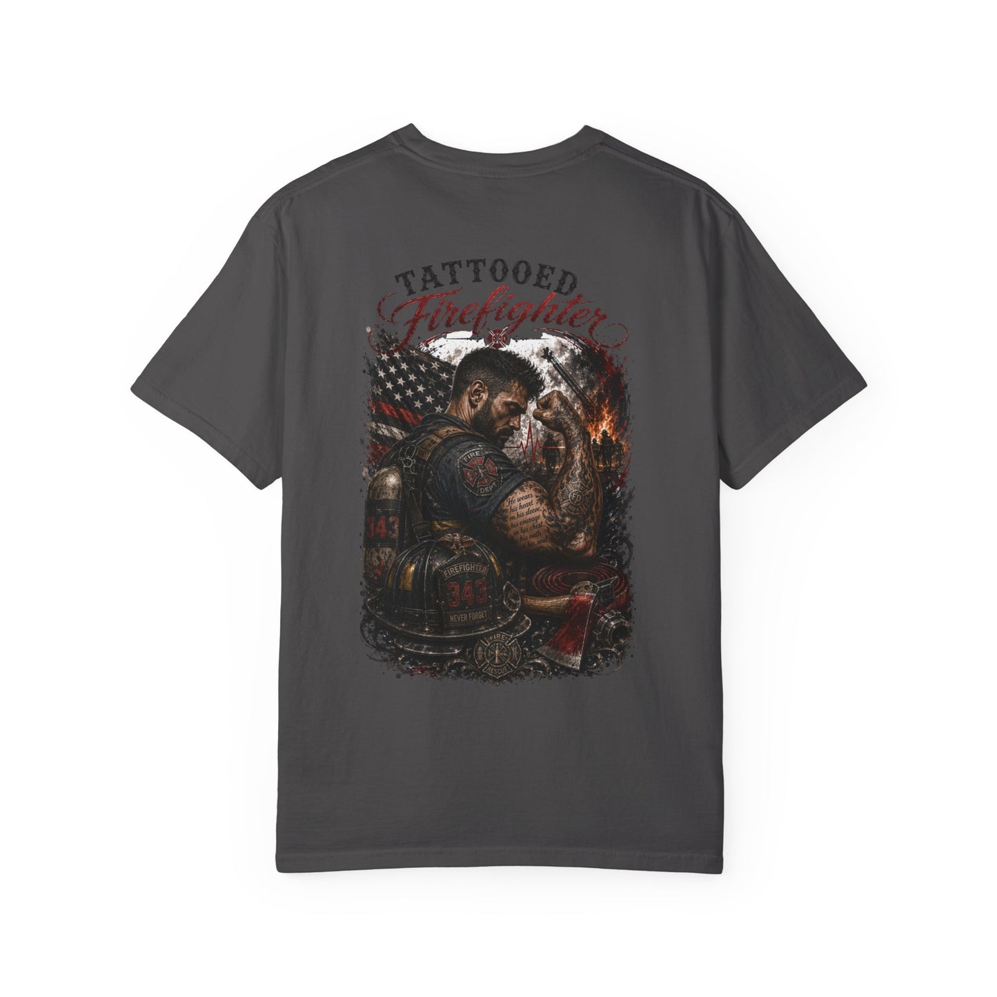 Firefighter Tribute T-Shirt — "343 Never Forget" Fire Rescue Back Design