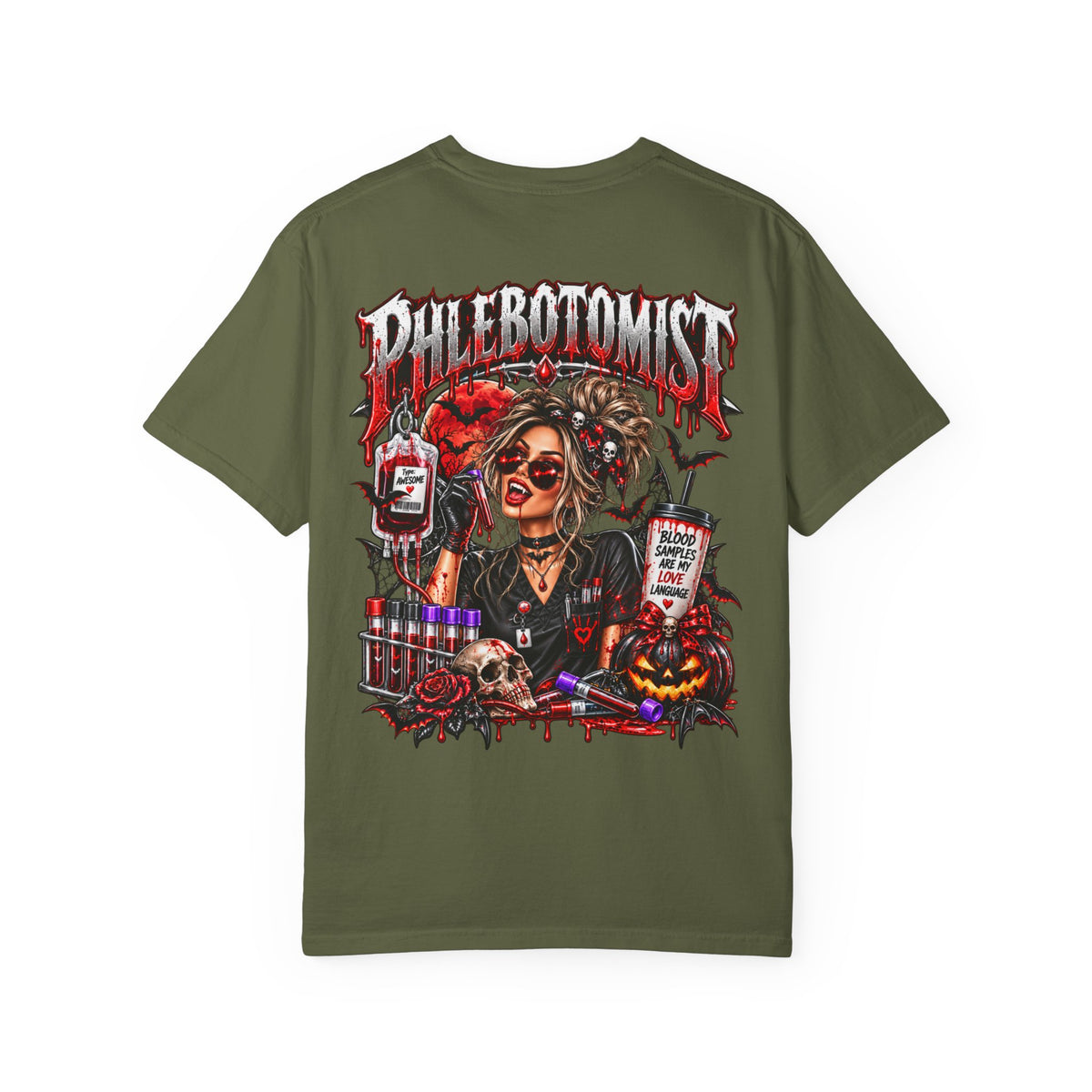 Phlebotomist Horror Blood Drip graphic T-shirt | Medical Tech Tee