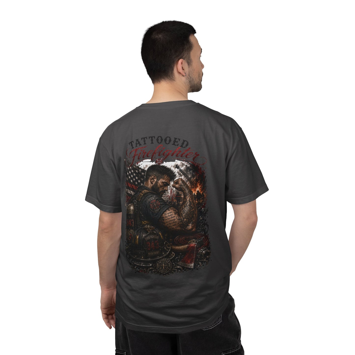 Firefighter Tribute T-Shirt — "343 Never Forget" Fire Rescue Back Design
