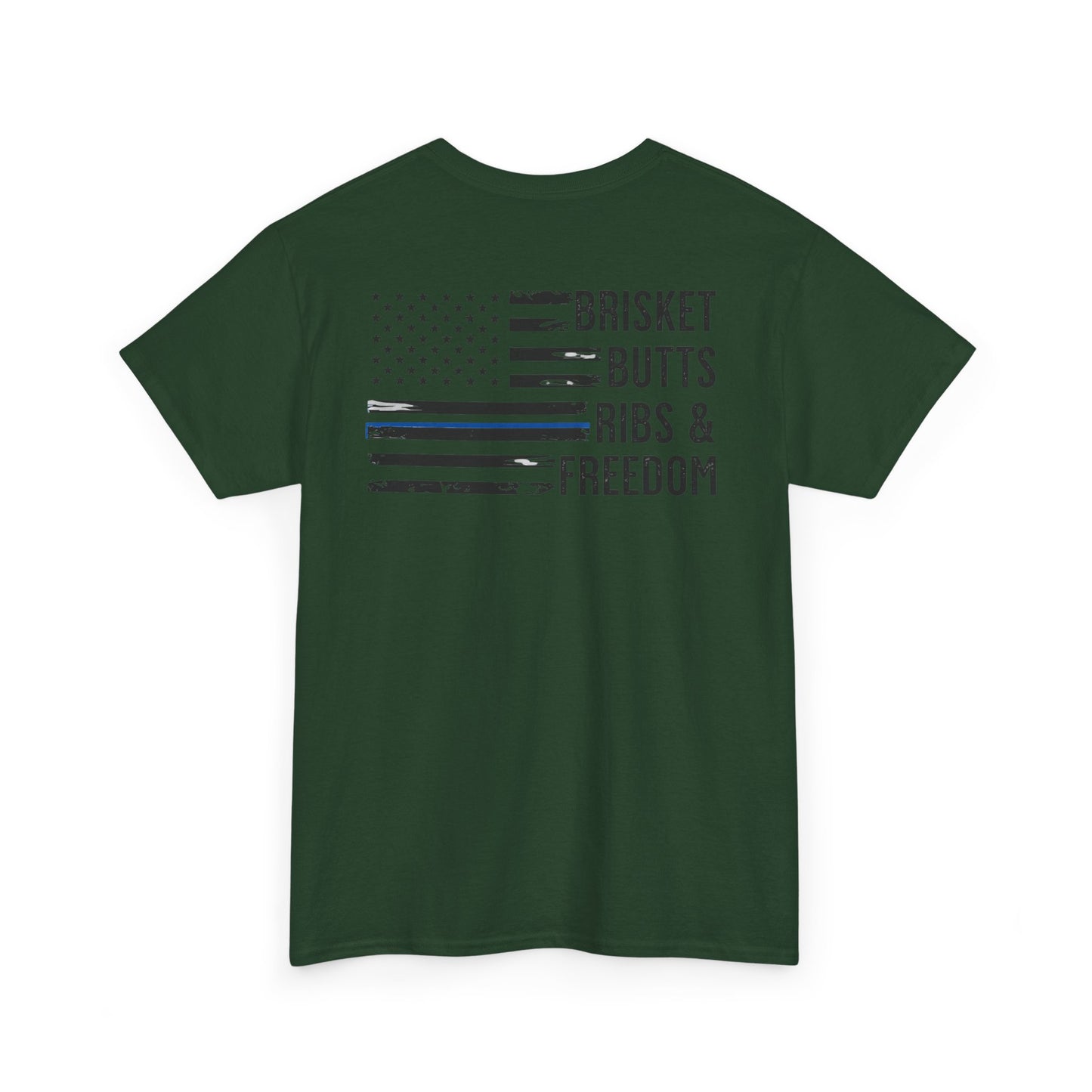 Thin Blue Line Patriotic BBQ Shirt Brisket Butts Ribs Smoker Tee | American Flag Grill