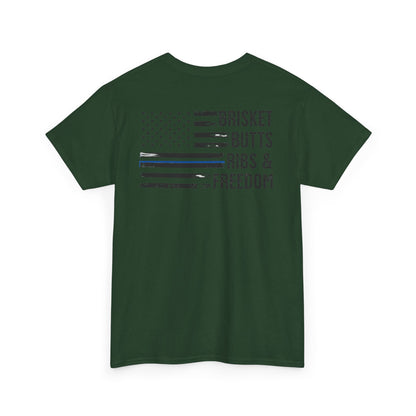 Thin Blue Line Patriotic BBQ Shirt Brisket Butts Ribs Smoker Tee | American Flag Grill