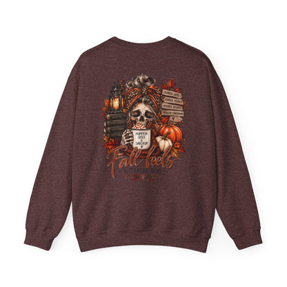 Fall Vibes Skull Coffee Mug Sweatshirt | Autumn Leaves Pumpkins Lantern