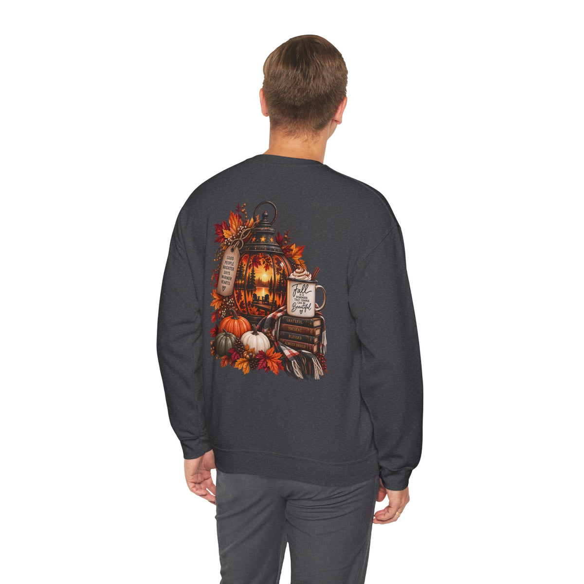 Autumn Lantern Pumpkin Stack Sweatshirt | Cozy Fall Leaves Scene