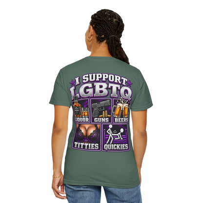 Support LGBTQ Liquor Guns Beers T-Shirt — Graphic Back Print