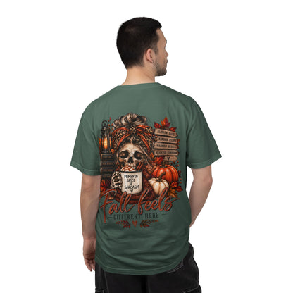 Fall Feels Different Here Pumpkin Spice Sarcasm Skeleton Fall T-Shirt & Sweatshirt Dark Autumn Graphic