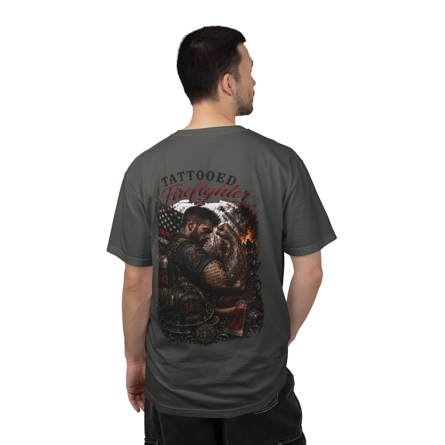 Firefighter Tribute T-Shirt — "343 Never Forget" Fire Rescue Back Design