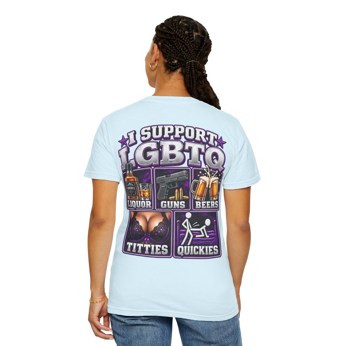 Support LGBTQ Liquor Guns Beers T-Shirt — Graphic Back Print