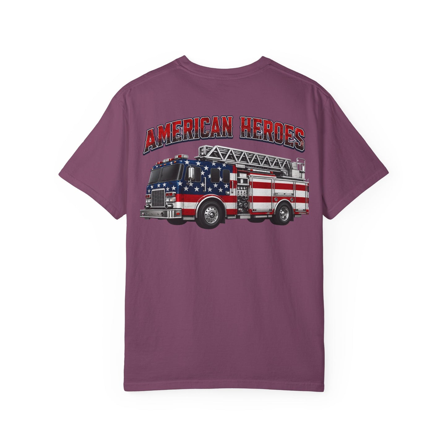Firefighter T-Shirt — "American Heroes" Flag Fire Truck Graphic