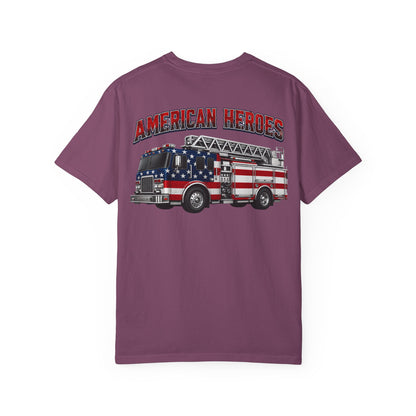Firefighter T-Shirt — "American Heroes" Flag Fire Truck Graphic