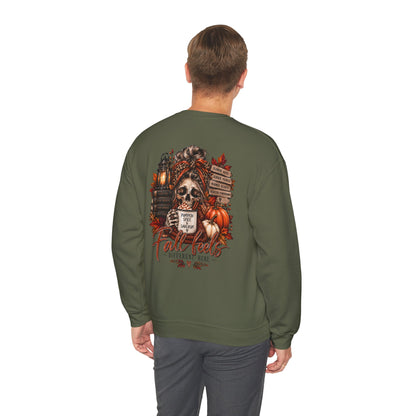 Fall Vibes Skull Coffee Mug Sweatshirt | Autumn Leaves Pumpkins Lantern