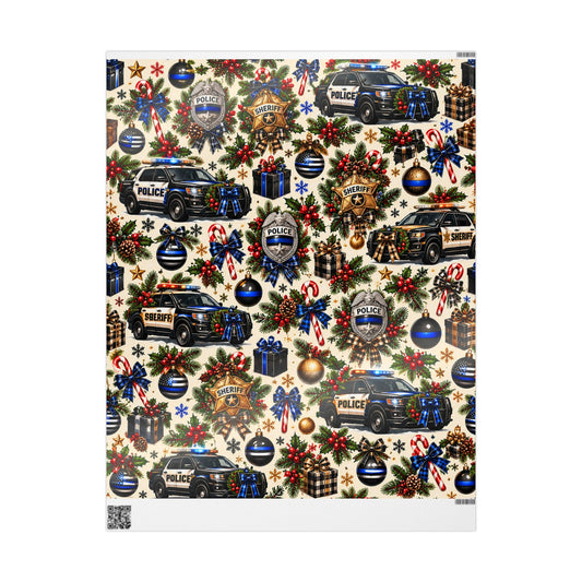Police & Sheriff Holiday Wrapping Paper - Festive Patrol Cars, Badges & Ornaments Gift Wrap