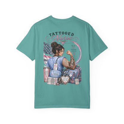 Tattooed Nurse T-Shirt — "She Wears Her Heart on Her Sleeve" RN Back Design