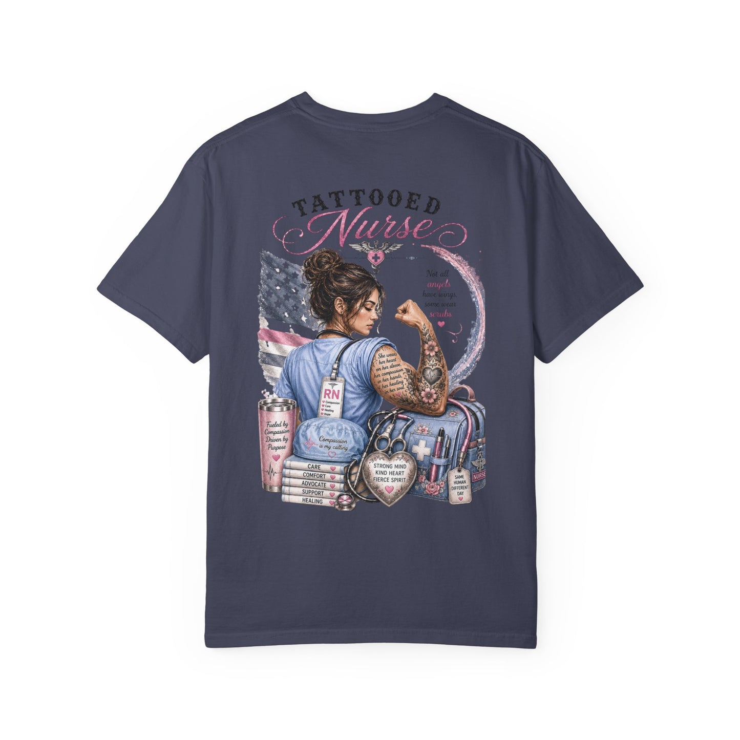 Tattooed Nurse T-Shirt — "She Wears Her Heart on Her Sleeve" RN Back Design
