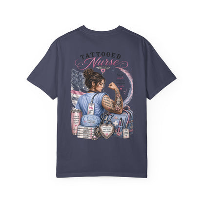 Tattooed Nurse T-Shirt — "She Wears Her Heart on Her Sleeve" RN Back Design