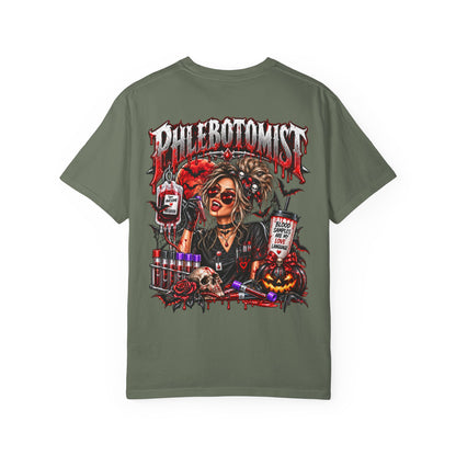 Phlebotomist Horror Blood Drip graphic T-shirt | Medical Tech Tee