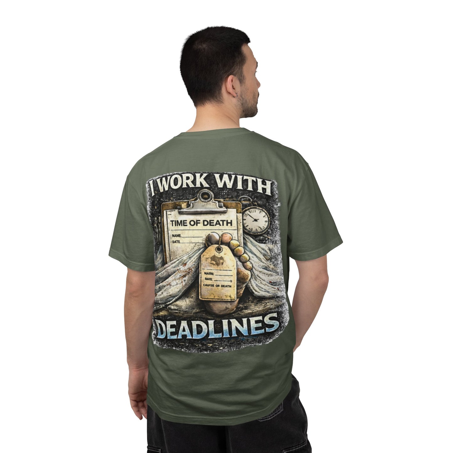 I Work With Deadlines dark humor Medical Examiner T-shirt | Paramedic First Responder
