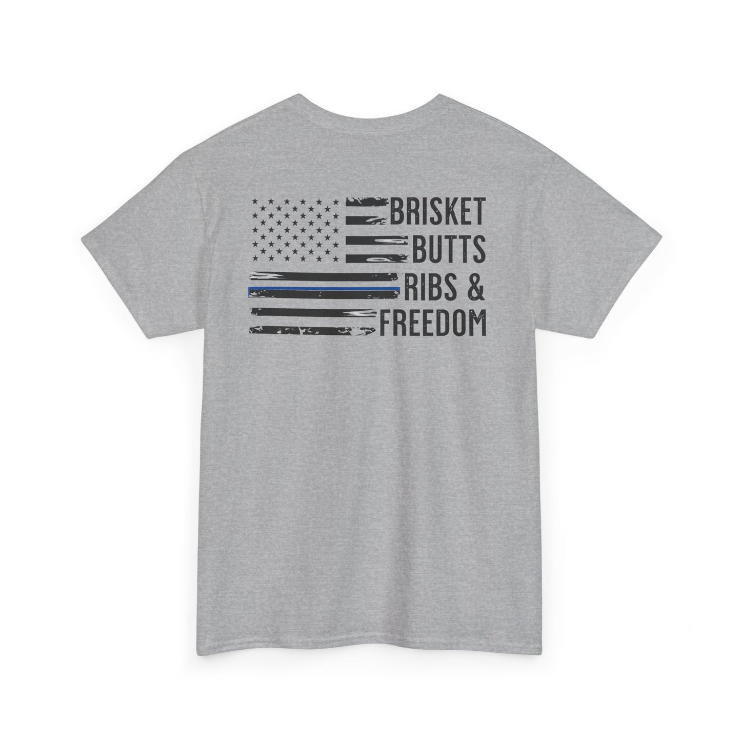 Thin Blue Line Patriotic BBQ Shirt Brisket Butts Ribs Smoker Tee | American Flag Grill
