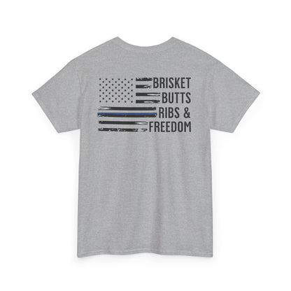 Thin Blue Line Patriotic BBQ Shirt Brisket Butts Ribs Smoker Tee | American Flag Grill