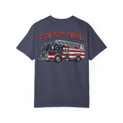 Firefighter T-Shirt — "American Heroes" Flag Fire Truck Graphic