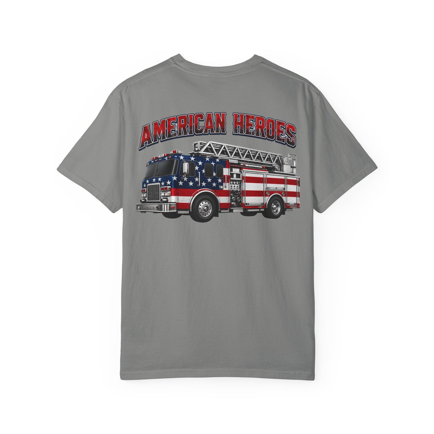 Firefighter T-Shirt — "American Heroes" Flag Fire Truck Graphic
