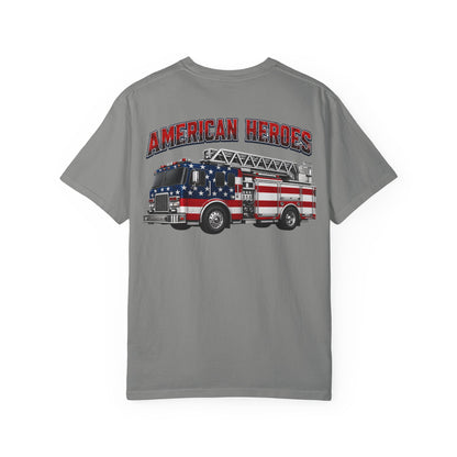 Firefighter T-Shirt — "American Heroes" Flag Fire Truck Graphic