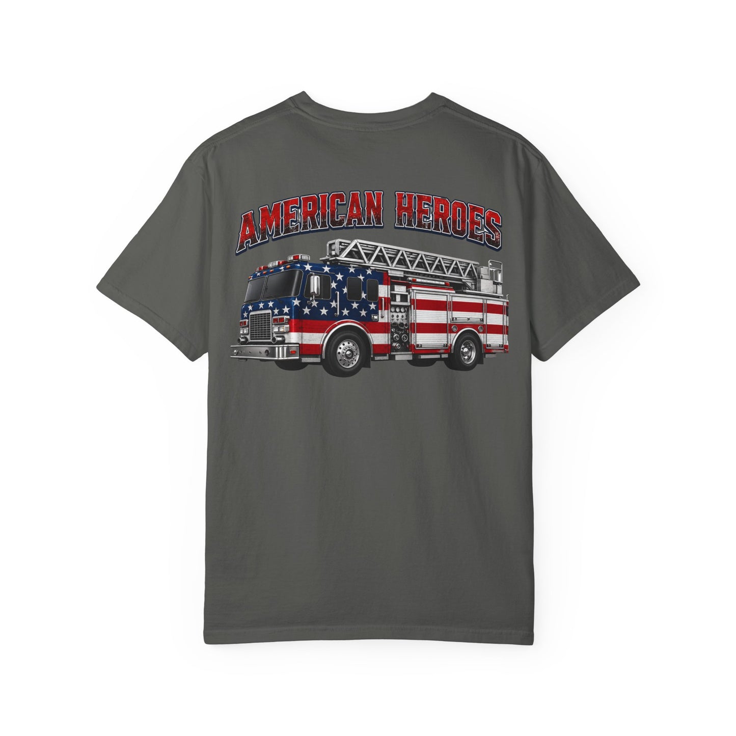 Firefighter T-Shirt — "American Heroes" Flag Fire Truck Graphic
