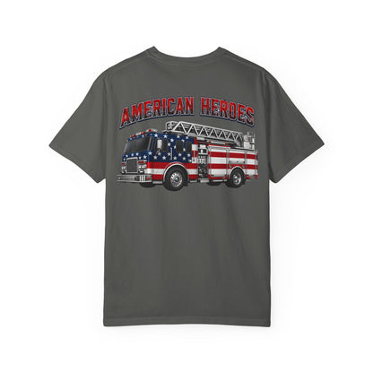 Firefighter T-Shirt — "American Heroes" Flag Fire Truck Graphic