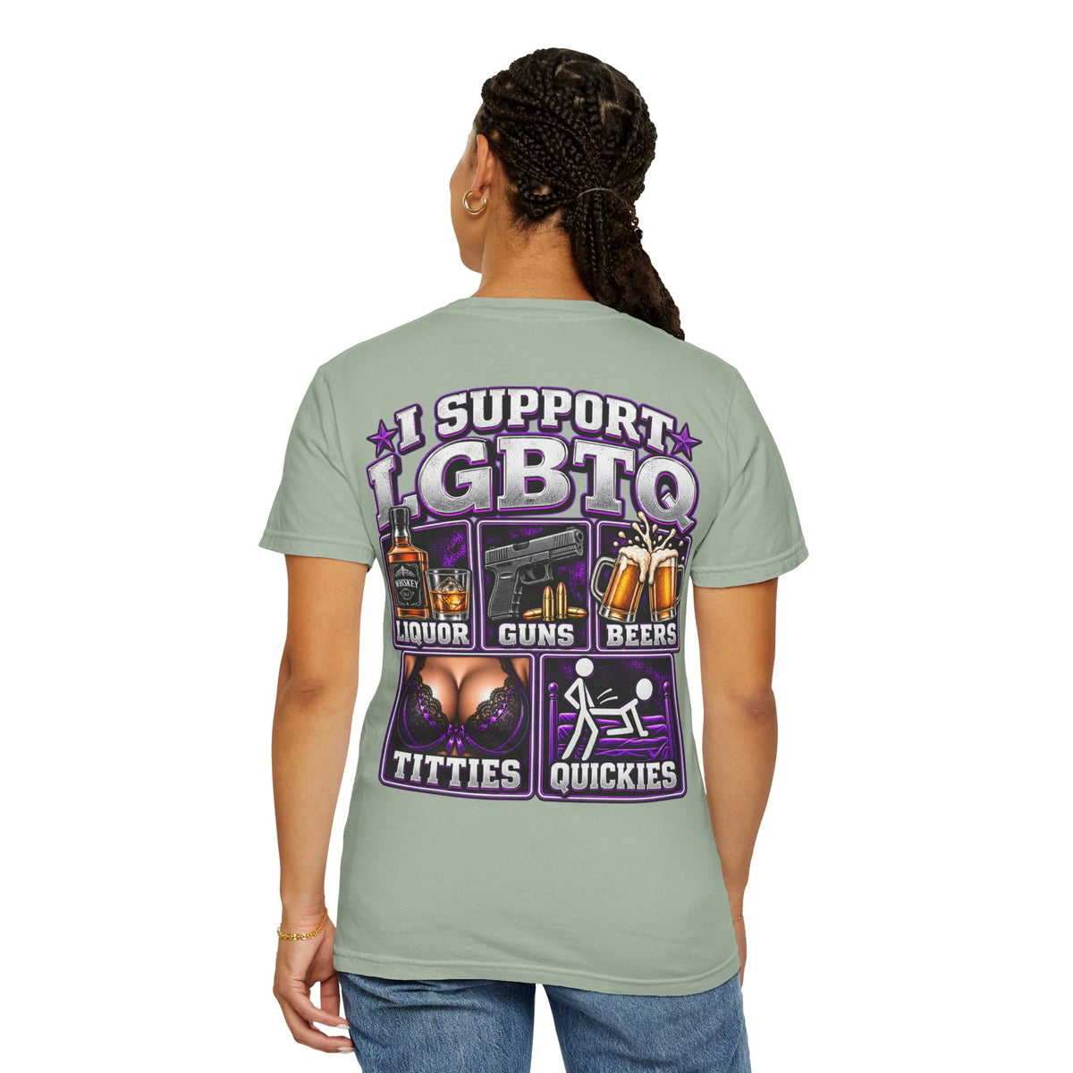 Support LGBTQ Liquor Guns Beers T-Shirt — Graphic Back Print