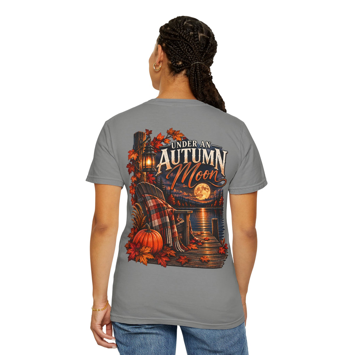 Under an Autumn Moon T-Shirt | Fall Lake Scene, Pumpkins & Plaid